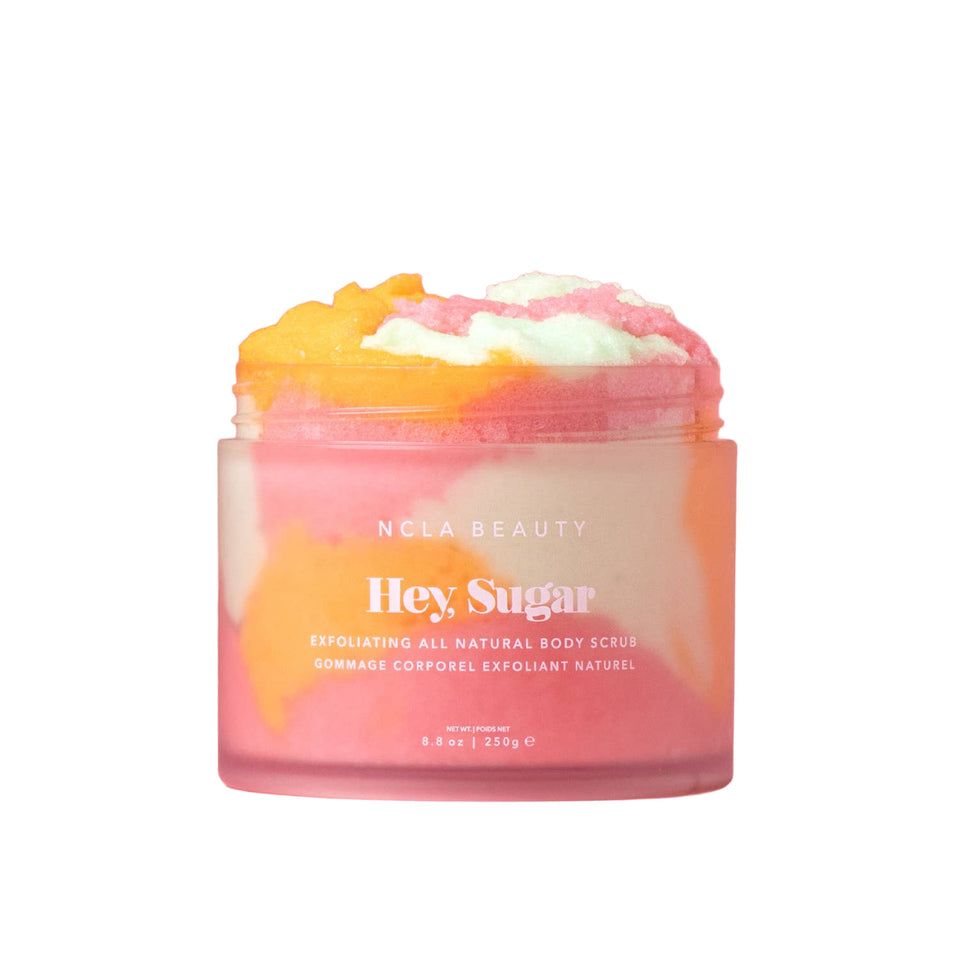 NCLA Beauty Hey Sugar exfoliating body scrub in rainbow sherbet with colorful layered texture