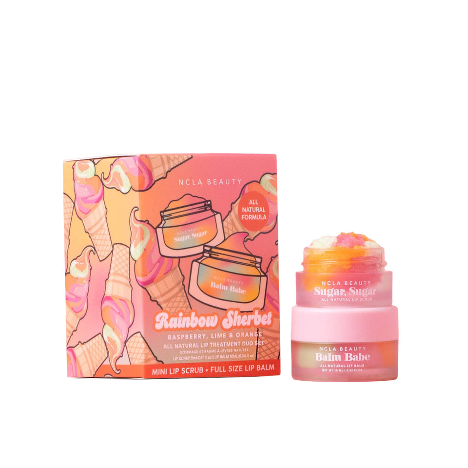 NCLA Beauty Rainbow Sherbet lip care set with mini scrub and full-size balm on pink background