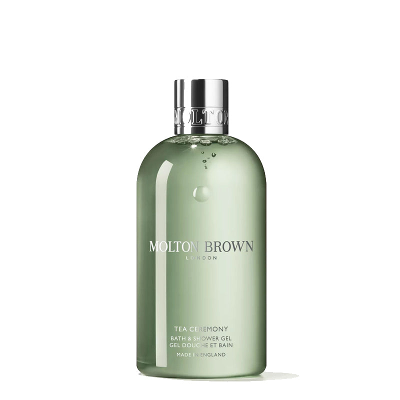 Molton Brown bottle of Tea Ceremony bath and shower gel on a white background