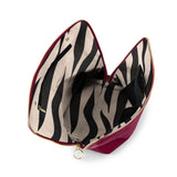 KUSSHI | Vacationer Makeup Bag — Wine/Zebra, KUSSHI Everyday Makeup Bag open wide showing zebra print interior and mesh pocket