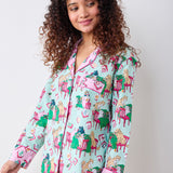 Printfresh Mahjong Menagerie Long PJ Set in Pale Jade, model smiling in the button-front top