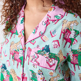 Printfresh Mahjong Menagerie Long PJ Set in Pale Jade, close-up of the pink notched collar and chest pocket
