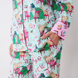 Printfresh Mahjong Menagerie Long PJ Set in Pale Jade, close-up of the pink cuff and pants pocket