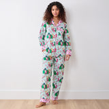 Printfresh Mahjong Menagerie Long PJ Set in Pale Jade, model standing, full-length front view