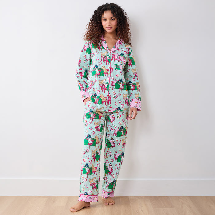 Printfresh Mahjong Menagerie Long PJ Set in Pale Jade, model standing, full-length front view