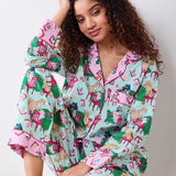 Printfresh Mahjong Menagerie Long PJ Set in Pale Jade, model seated