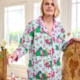 Printfresh Mahjong Menagerie Long PJ Set in Pale Jade, worn in a sunlit room