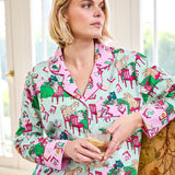 Printfresh Mahjong Menagerie Long PJ Set in Pale Jade, worn while holding a cocktail