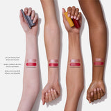 Westman Atelier Petite Party blush in Poppy, highlighter in Toast and eye pencil in Cendre swatched on four skin tones