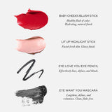 Westman Atelier Petite Party swatches: Baby Cheeks Blush Stick, Lit Up Highlight Stick, Eye Love You Eye Pencil and Eye Want You Mascara