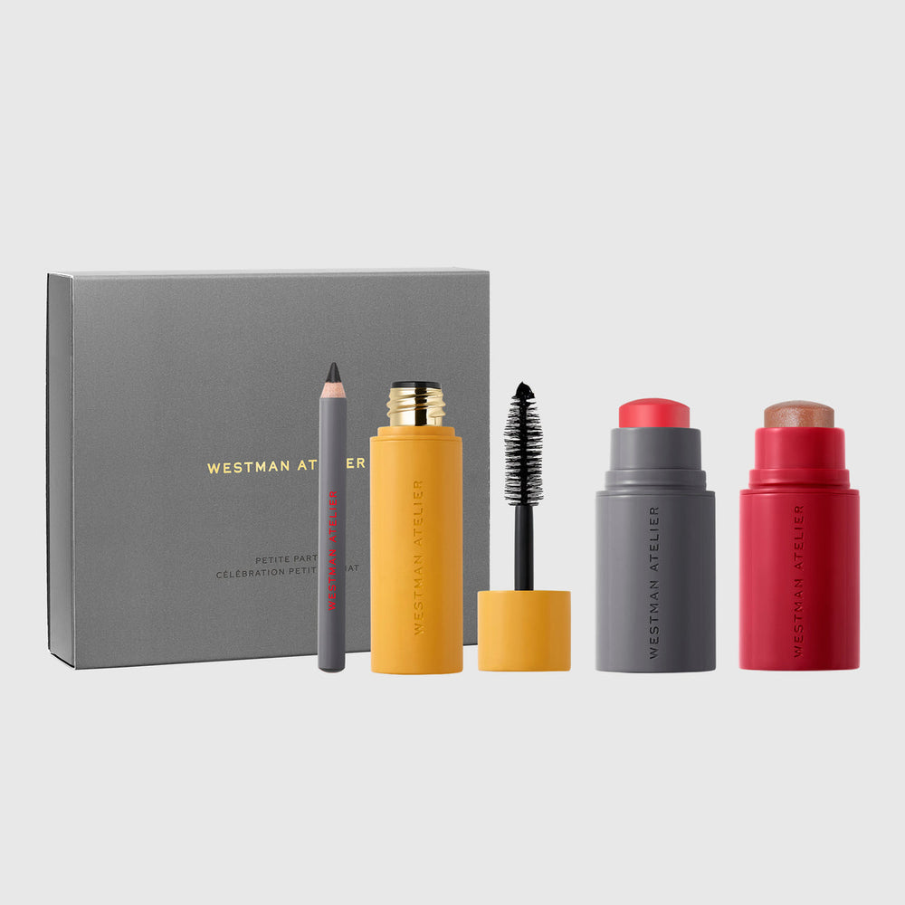 Westman Atelier Petite Party holiday set with gray gift box, mini eye pencil, mascara, highlighter stick and blush stick