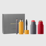 Westman Atelier Petite Party holiday set with gray gift box, mini eye pencil, mascara, highlighter stick and blush stick