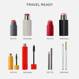 Westman Atelier petite blush, highlighter, mascara and eye pencil shown beside the original sizes for travel