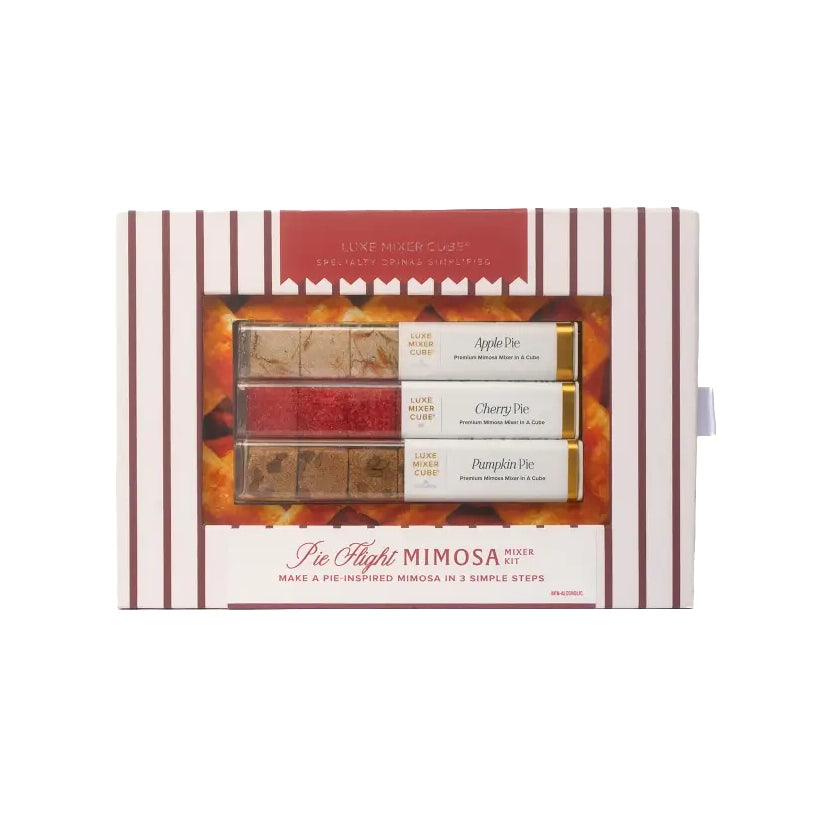 Pie Flight Mimosa Mixer Kit in a red striped box with three tubes of cubes