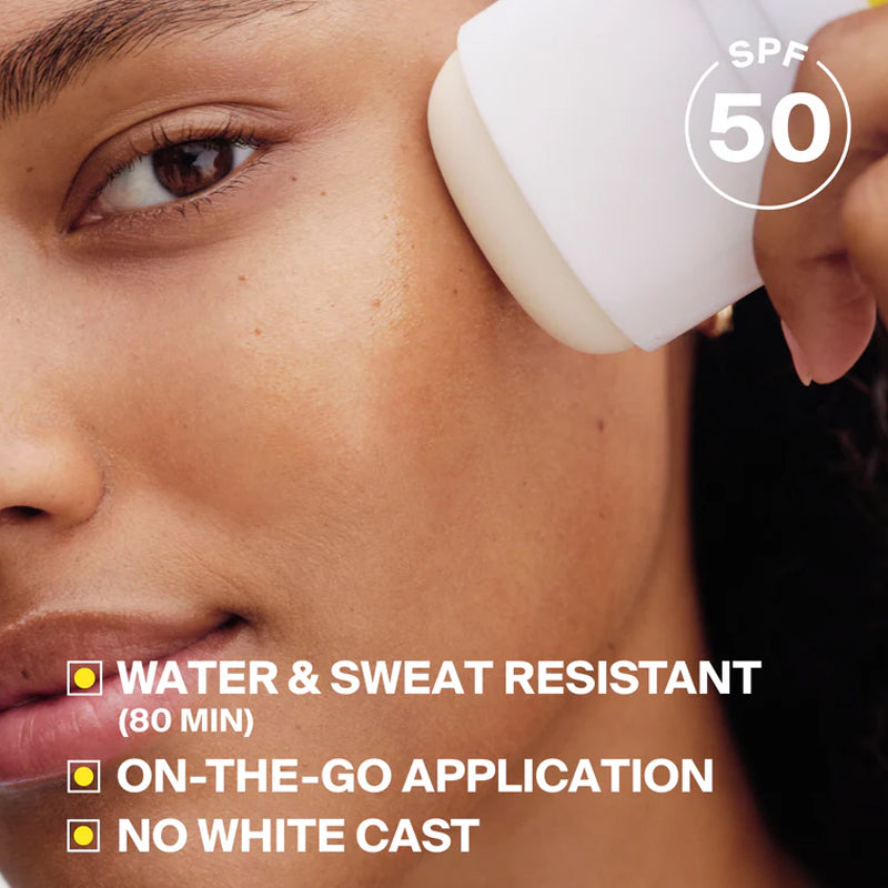 Person applying sunscreen with a focus on SPF 50, water & sweat resistance, and on-the-go application.