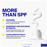 Product bottle with text detailing ingredients like glycerin, rosemary and rice bran extracts, and sunflower extract on a white background.