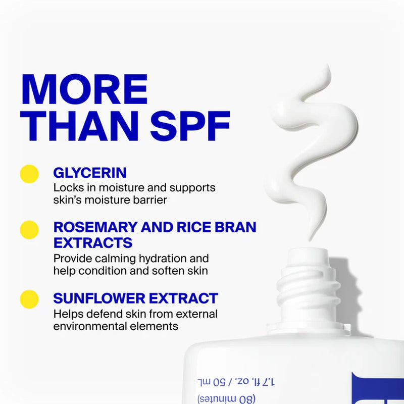 Product bottle with text detailing ingredients like glycerin, rosemary and rice bran extracts, and sunflower extract on a white background.