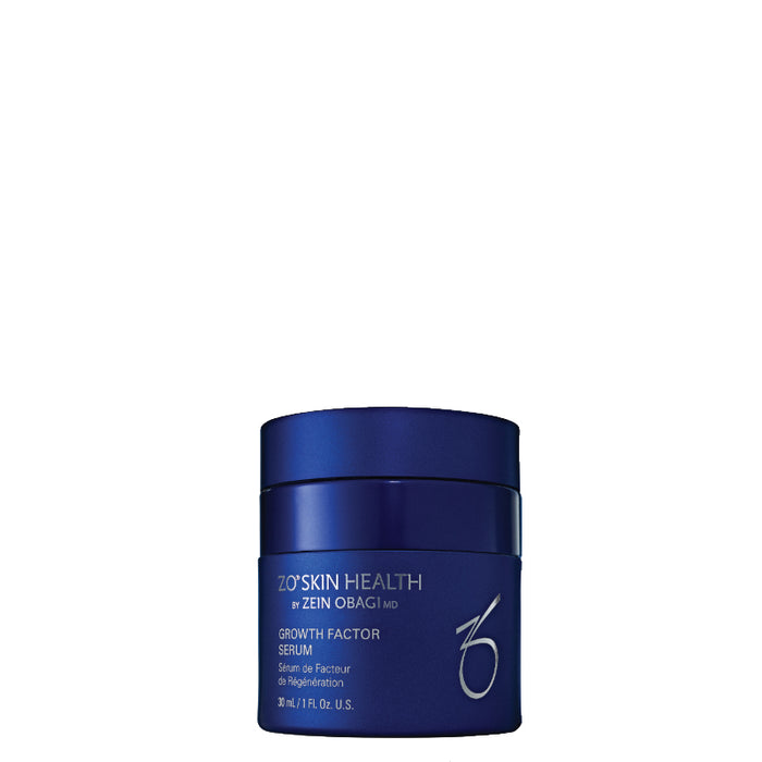 Blue jar of ZO Skin Health Growth Factor Serum on a white background