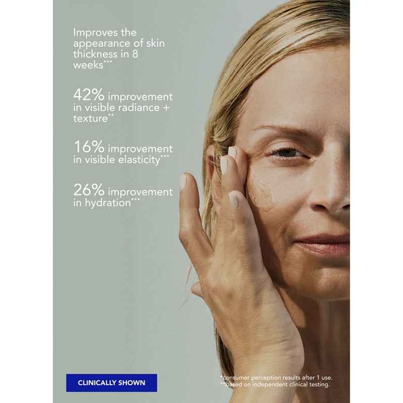 Advertisement for skincare product showing a woman's face with text highlighting skin improvement statistics.