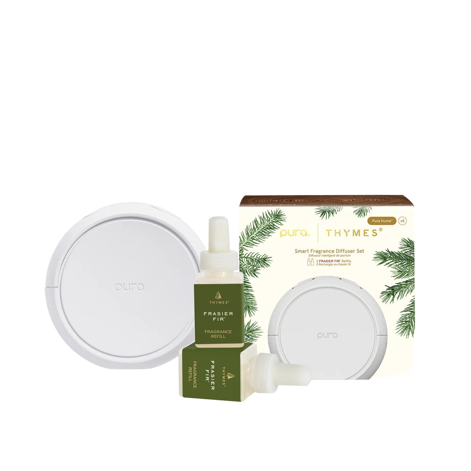 Pura and Thymes smart fragrance diffuser set on a white background