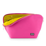 KUSSHI | Vacationer Makeup Bag — Flamingo Pink/Sunshine Yellow, Pink pouch with yellow interior and KUSSHI branding on a white background