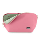 KUSSHI | Vacationer Makeup Bag — Sweet Pea/Pistachio, Pink cosmetic bag with green interior and Kusshi branding on a white background
