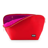 KUSSHI | Vacationer Makeup Bag — Candy Apple Red/Pink, Red pouch with a pink interior and KUSHI branding on a white background