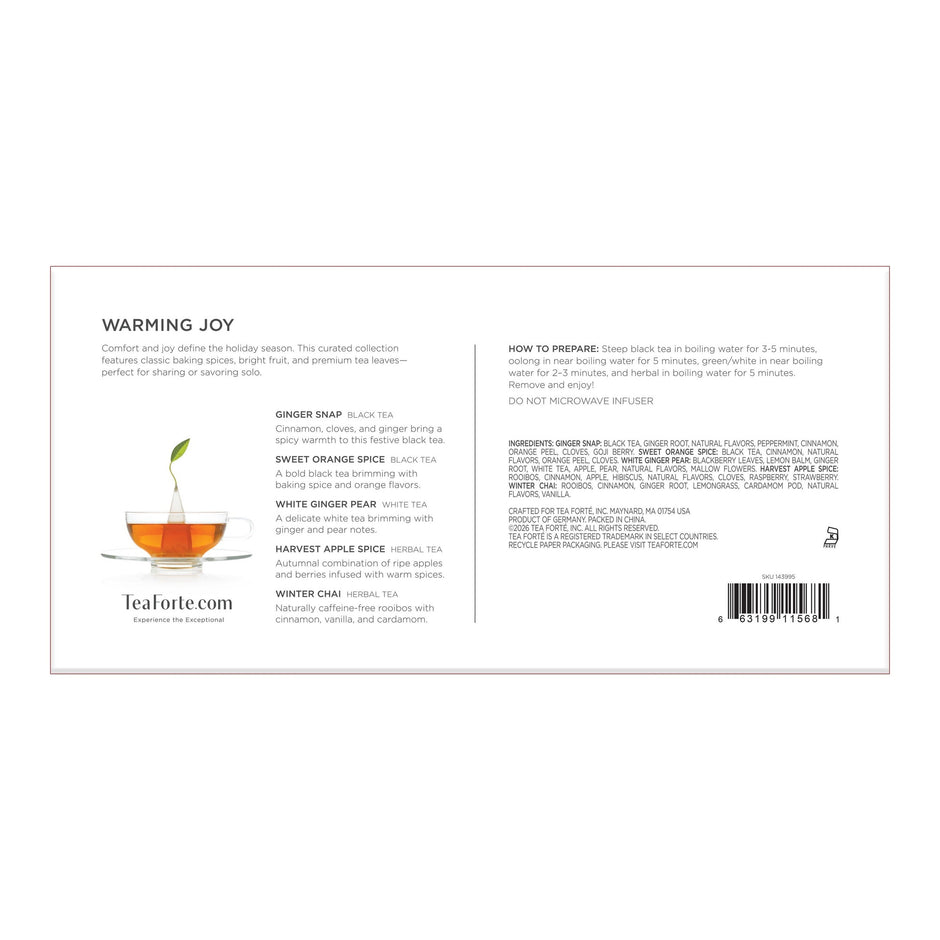 Tea Forte Warming Joy collection box with tea descriptions, ingredients, and brewing instructions