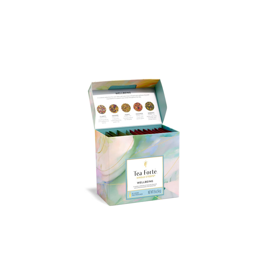 Tea Forte Wellbeing Single Steeps Sampler box with 15 loose tea pouches on white background