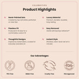CELEBRITIPS press on nails product highlights and advantages infographic showing hand-painted designs, luxury materials, and FDA approval
