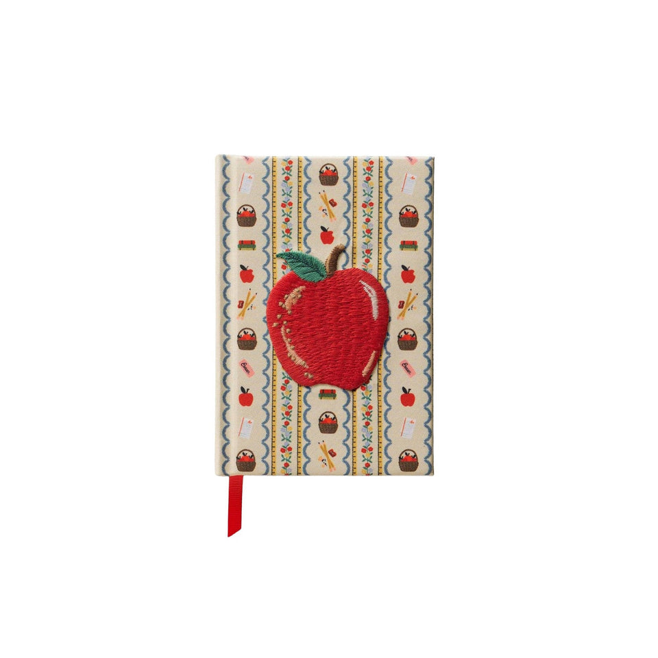 Rifle Paper Co. Schoolhouse Mini Embroidered Journal with red apple design and striped pattern