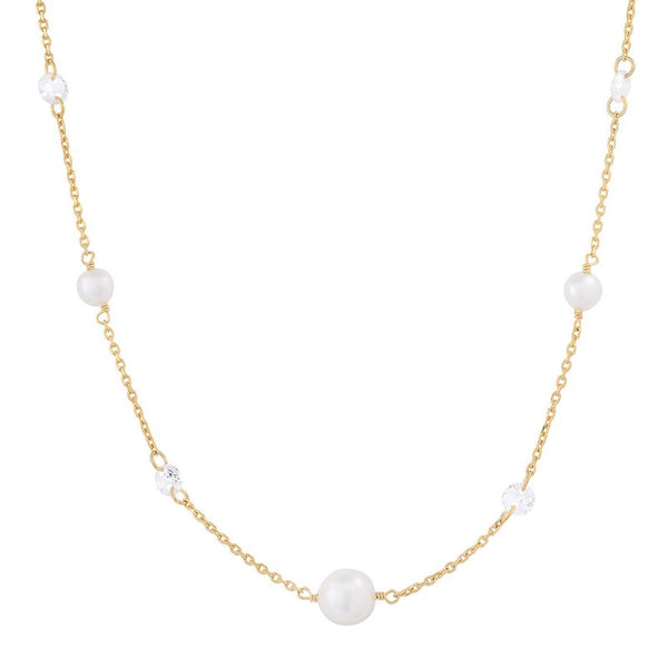 Gold vermeil pearl and CZ station necklace with white pearls and cubic zirconia stones