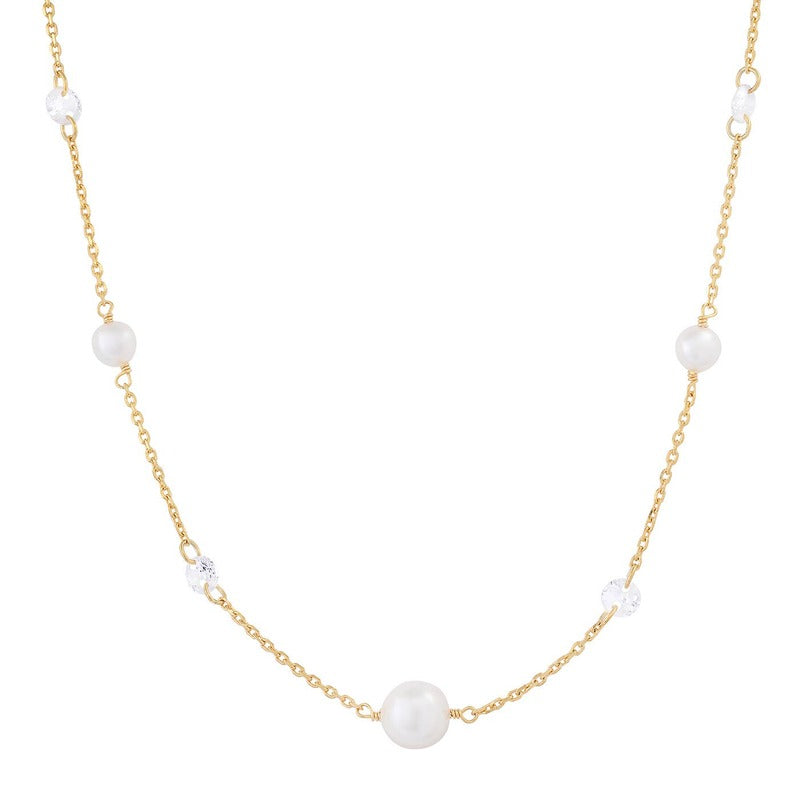 Gold vermeil pearl and CZ station necklace with white pearls and cubic zirconia stones