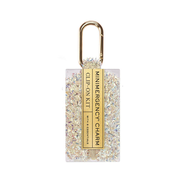 Champagne, rectangular charm with gold carabiner clip and colorful speckled resin finish