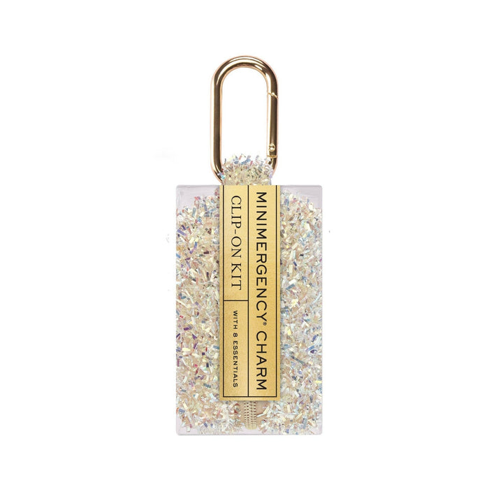 Champagne, rectangular charm with gold carabiner clip and colorful speckled resin finish