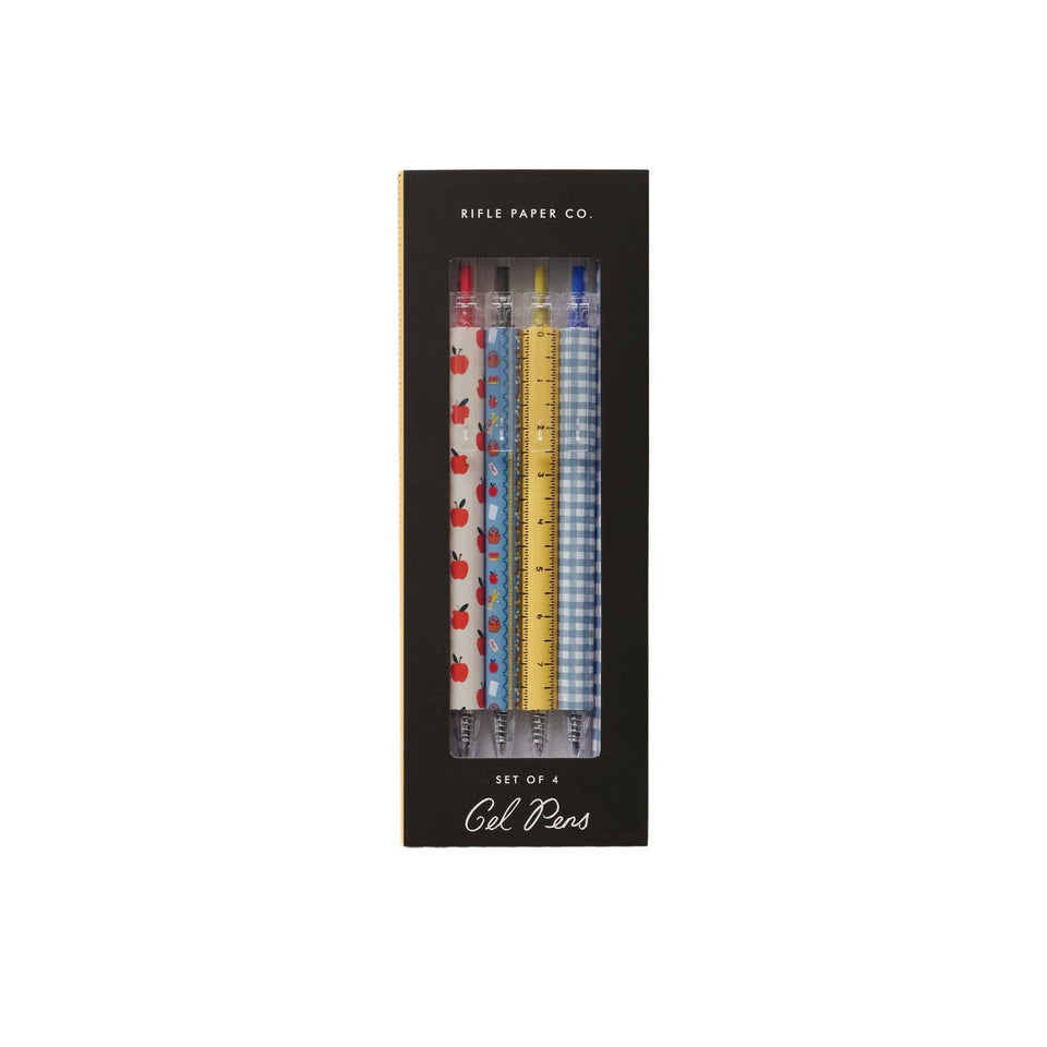 Rifle Paper Co. Schoolhouse Gel Pen Set of 4 with apple, floral, ruler, and gingham patterns