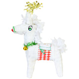 TOPS MALIBU | Mini Tabletop Reindeer Piñata — white, A white Christmas reindeer piñata with decorative tinsel, a gold star crown, a green nose, and a red-and-white diamond-patterned saddle, isolated on a white background.