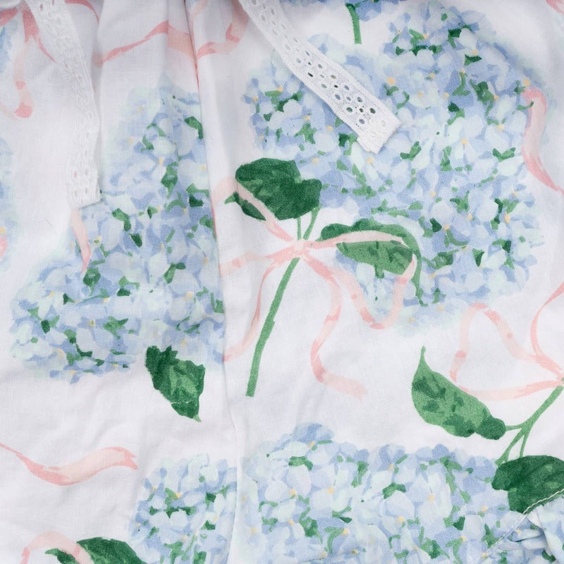 8 Oak Lane Hydrangea Ribbons Tie Top Ruffle Sleep Set with blue floral and pink ribbon print