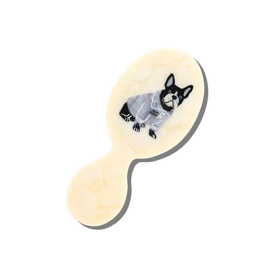 Solar Eclipse hand-painted preppy puppy brush with black and white dog design on cream background
