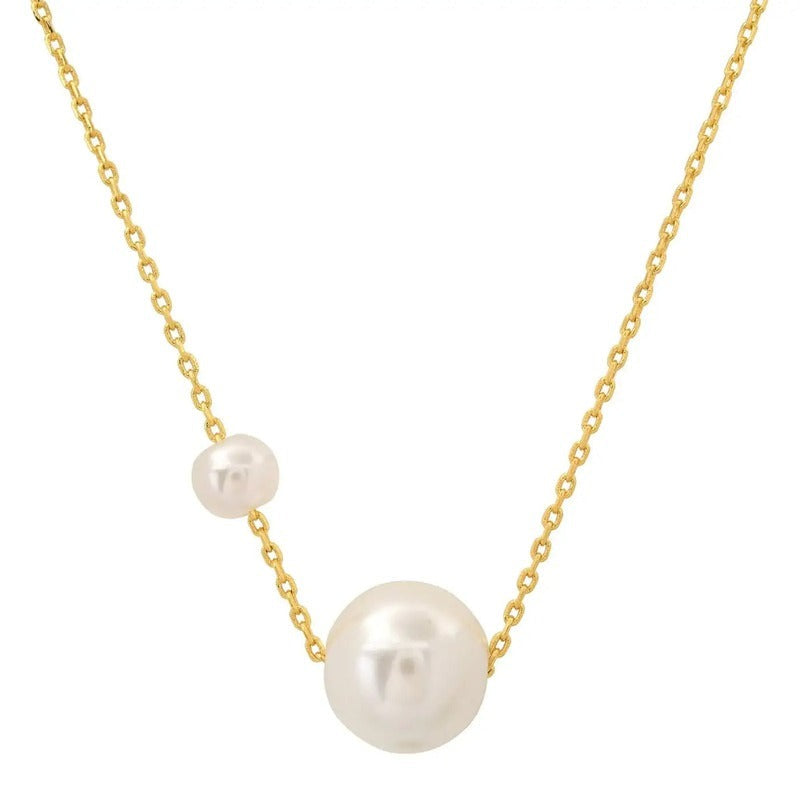 Gold double pearl pendant necklace with small and large white pearls on chain