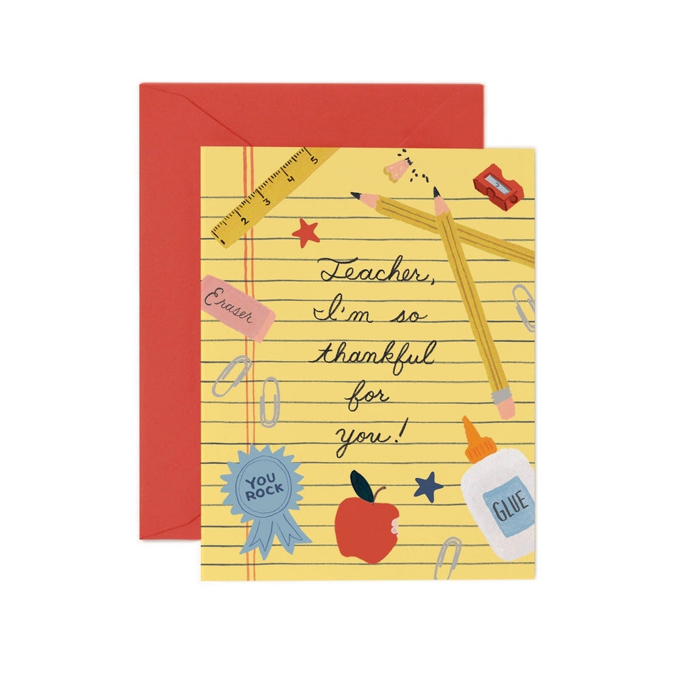 Rifle Paper Co. thank you teacher greeting card with lined paper design and school supplies illustrations