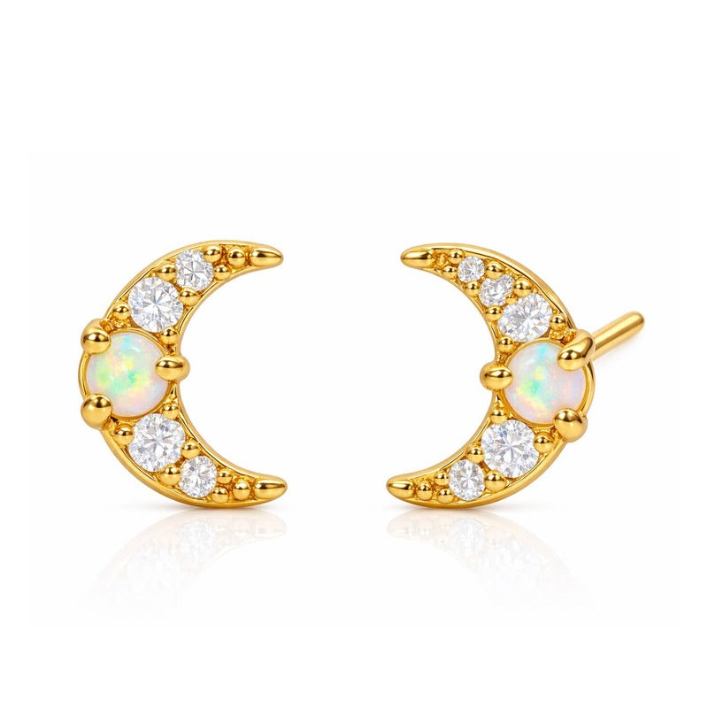 Gold moon stud earrings with opal center and cubic zirconia accents