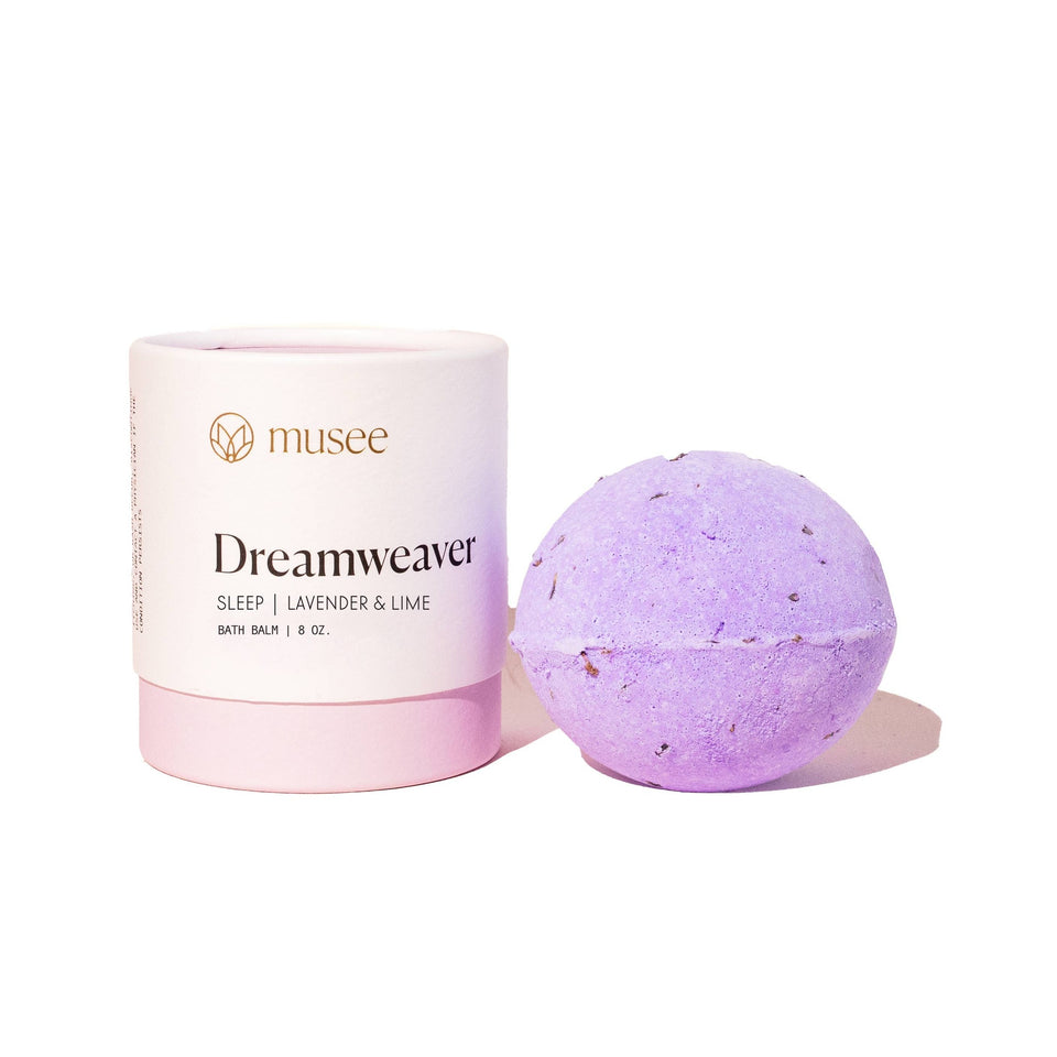 Musee Dreamweaver lavender lime bath balm 8oz with purple spherical bath bomb on white background