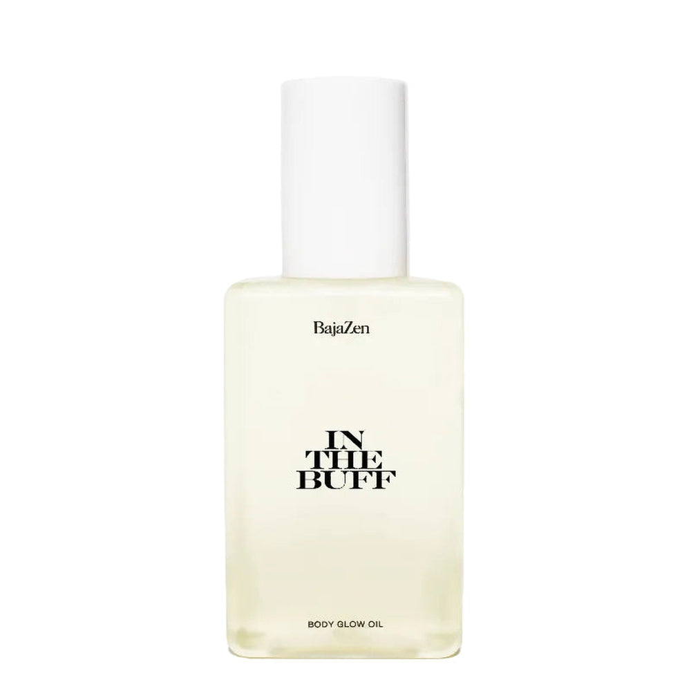 Baja Zen In The Buff Body Glow Oil in clear glass bottle with white cap on white background