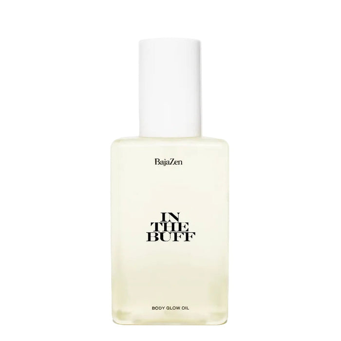 Baja Zen In The Buff Body Glow Oil in clear glass bottle with white cap on white background