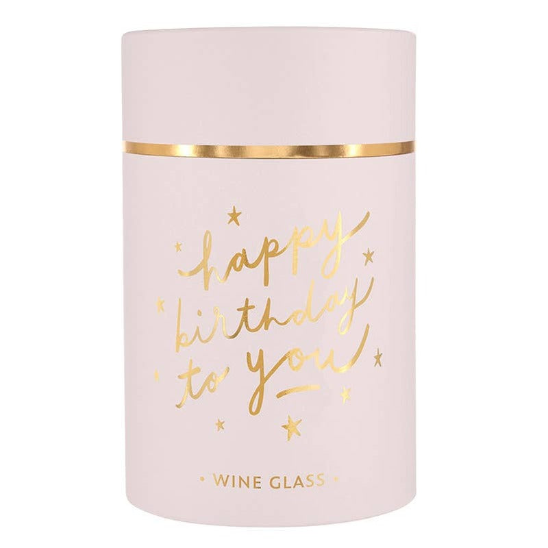 Gold foil Happy Birthday stemless wine glass with pink exterior and gold band detail