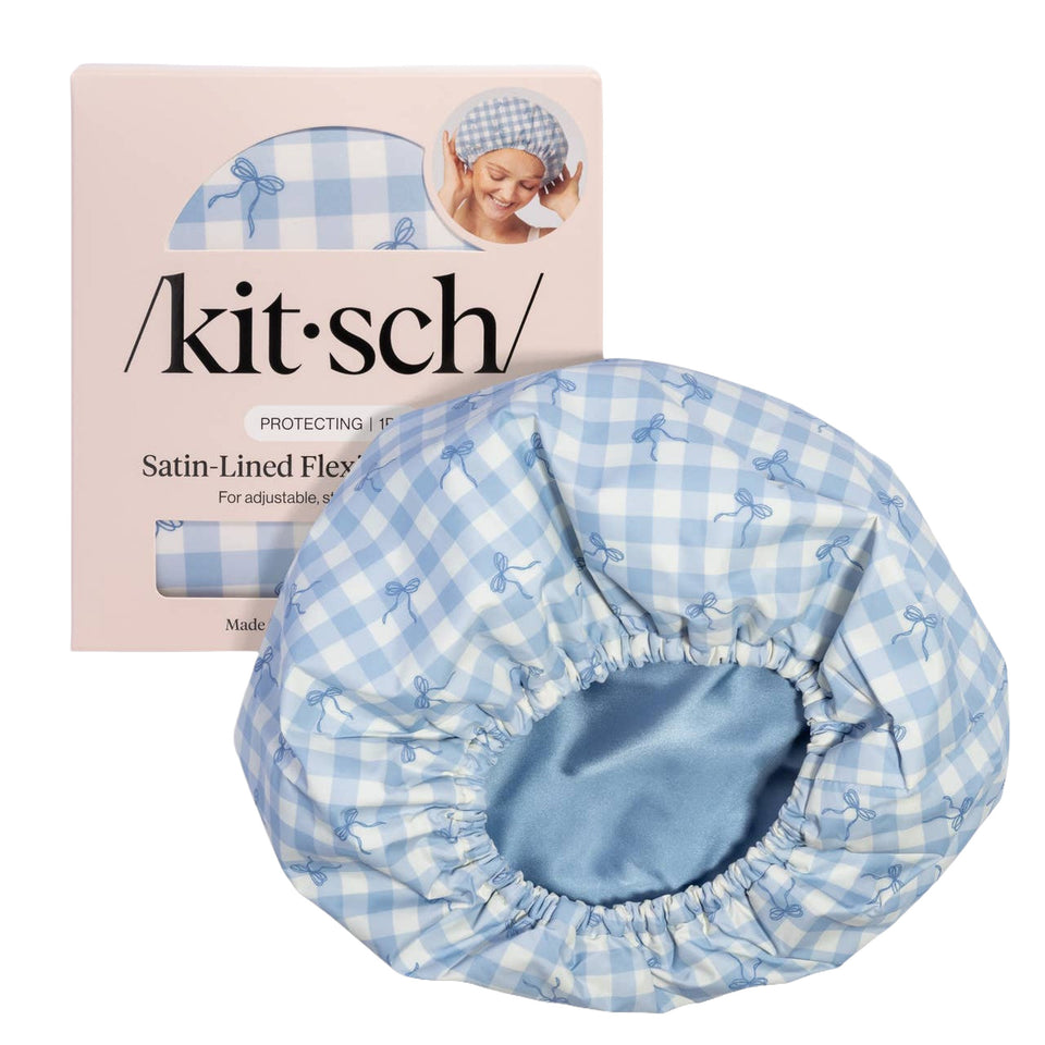 KITSCH | Satin Lined Flexi Shower Cap - Gingham Blue