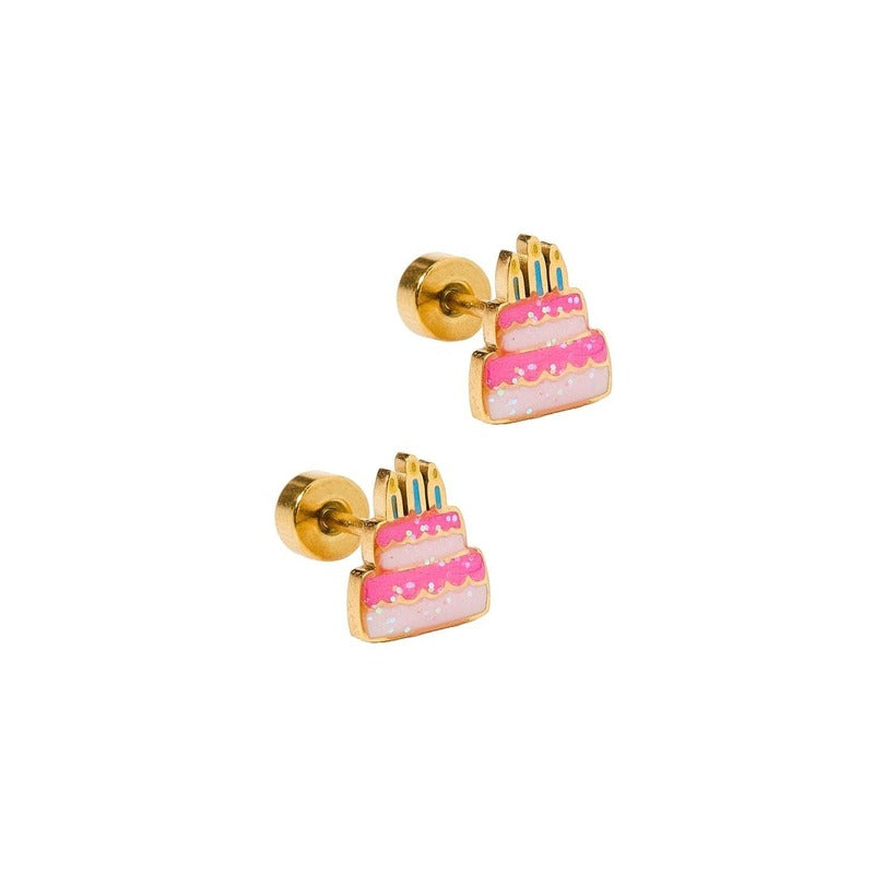 Gold birthday cake stud earrings with pink frosting and candles on white background