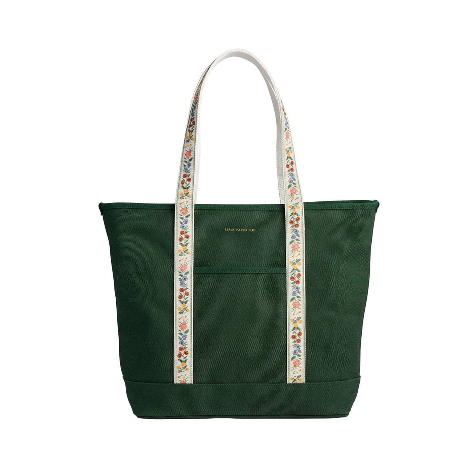 Rifle Paper Co. Garden Study Canvas Carry All tote bag in forest green with floral handles