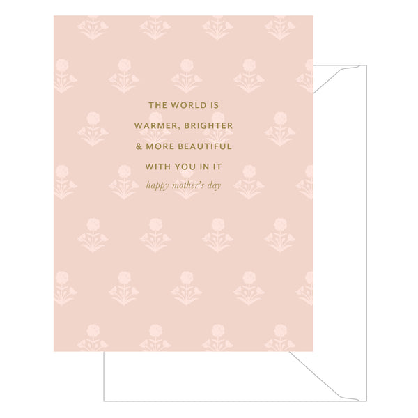 Greeting card with floral pattern and Mother's Day message on a light pink background
